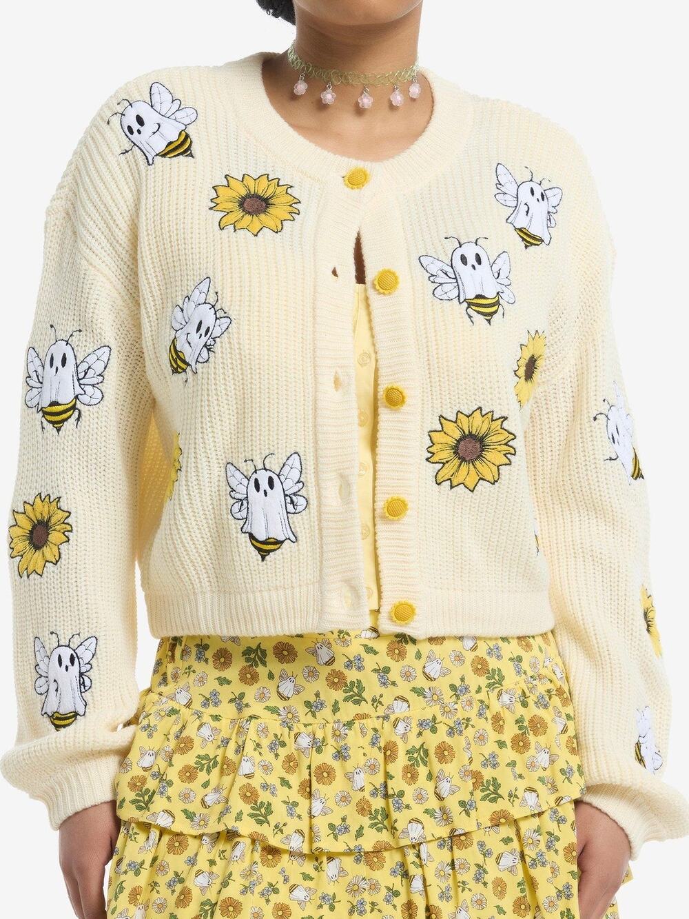 Hot Topic Thorn & Fable Ghost Bees Cropped Cardigan Sweater Size Small